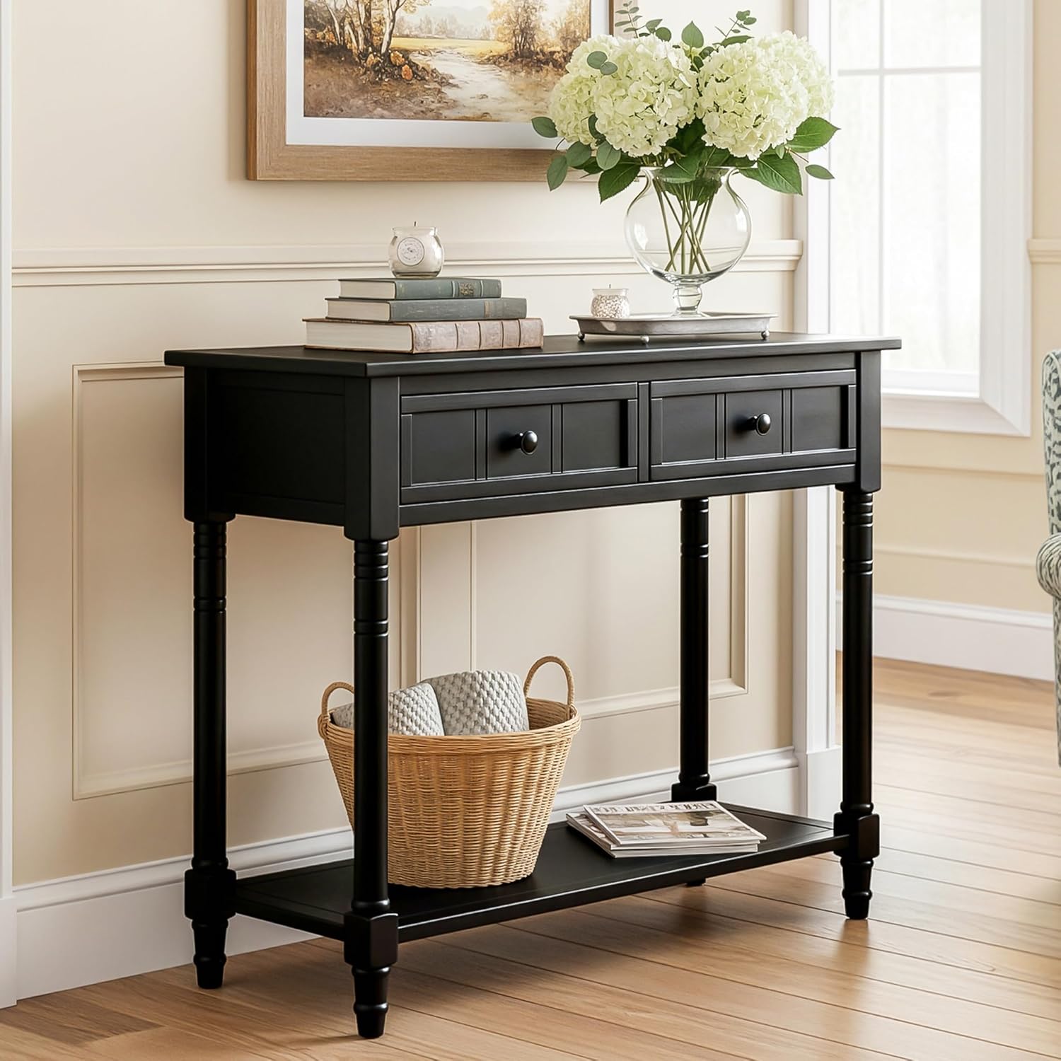Knocbel Antique Entry Console Table with 2 Drawers & Bottom Open Shelf, Wood Sofa Tables for Entryway Hallway Living Room, 35.34" W x 13.8" D x 30.25" H, Black
