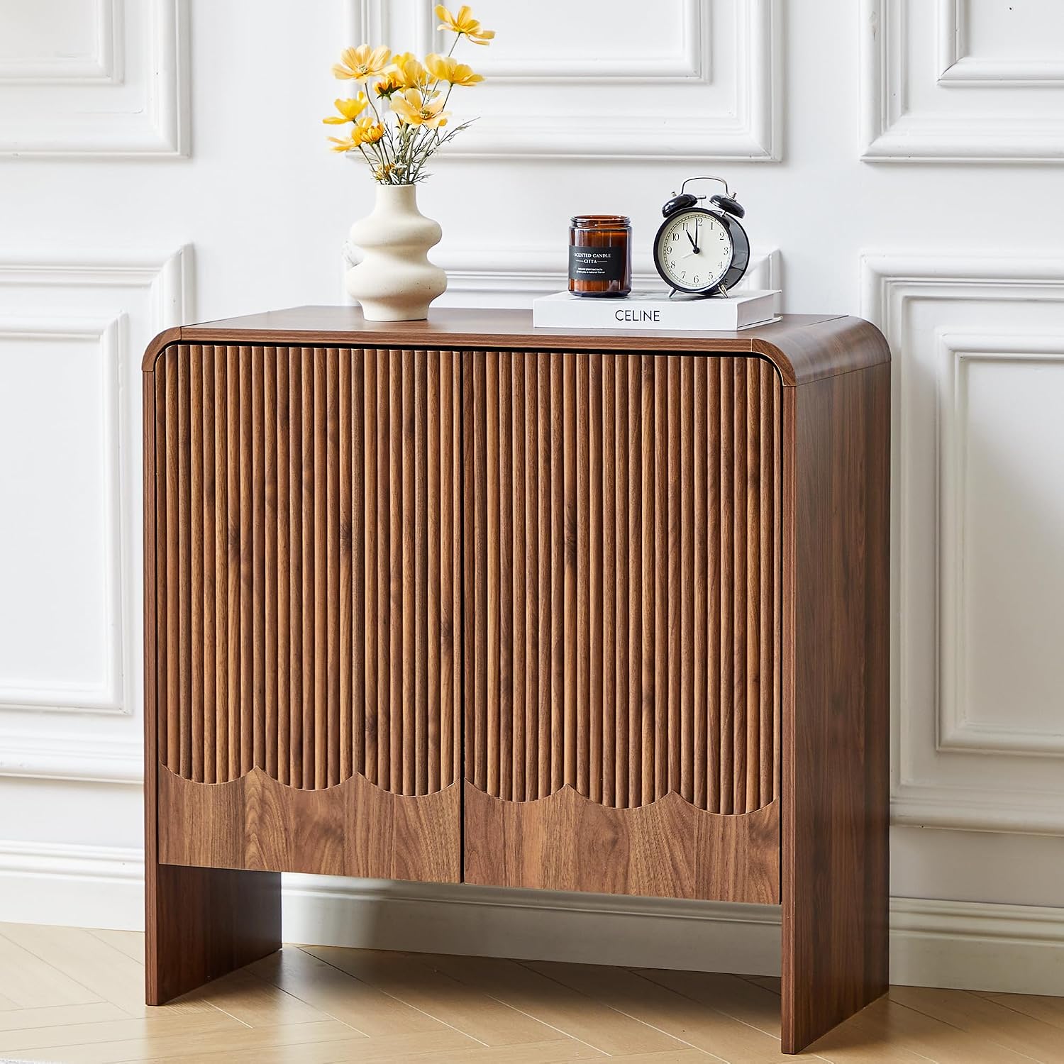 FurSch Fluted Sideboard Buffet Cabinet with Storage Set of 2, Mid Century Modern Storage Cabinet with Curved Edge and Adjustable Shelves for Kitchen Dining Room Living Room (Walnut, 2 pcs)