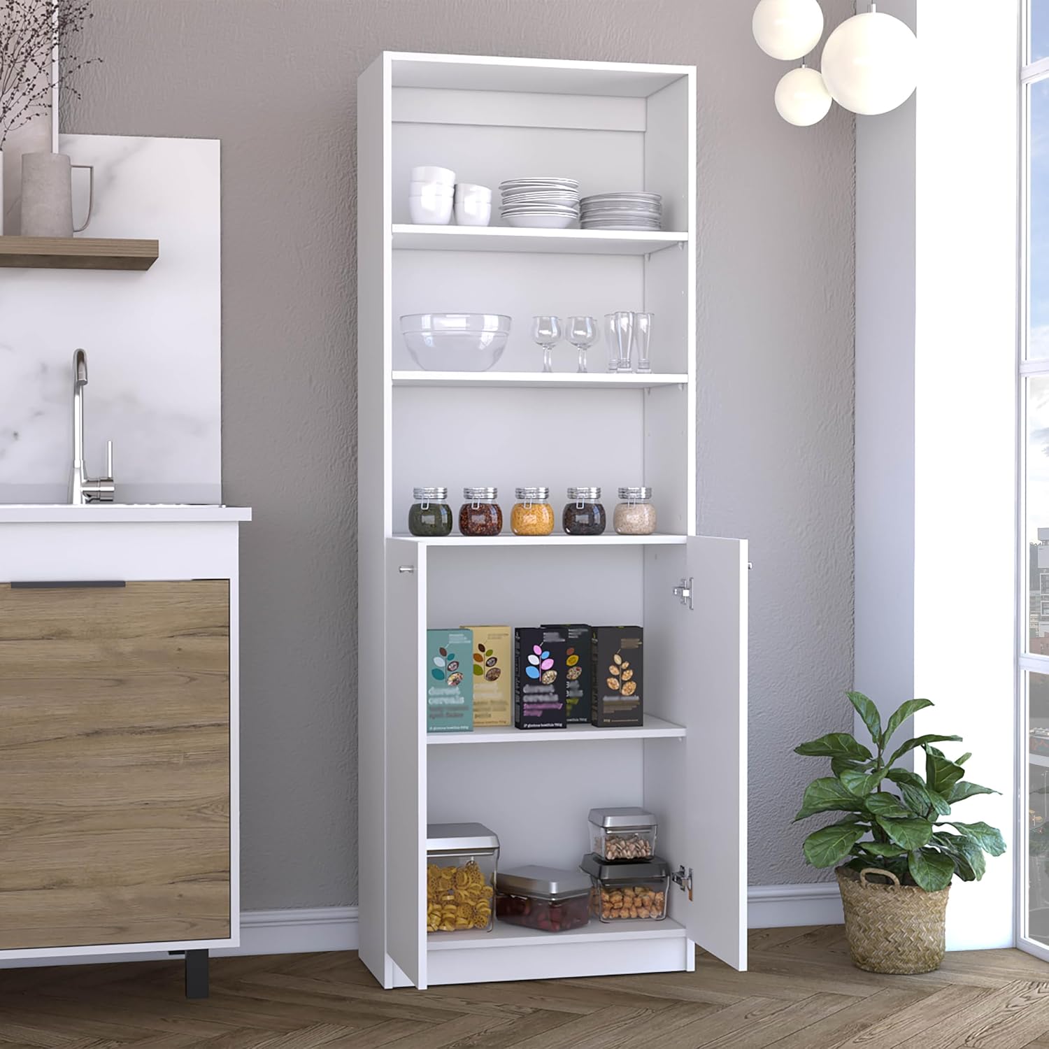 Kitchen Pantry Cabinet,Wooden Cupboard Credenza Cabinet with 3 Open Shelves & 2 Doors,Freestanding Kitchen Hutch Organizer for Dining Room,Living Room,White