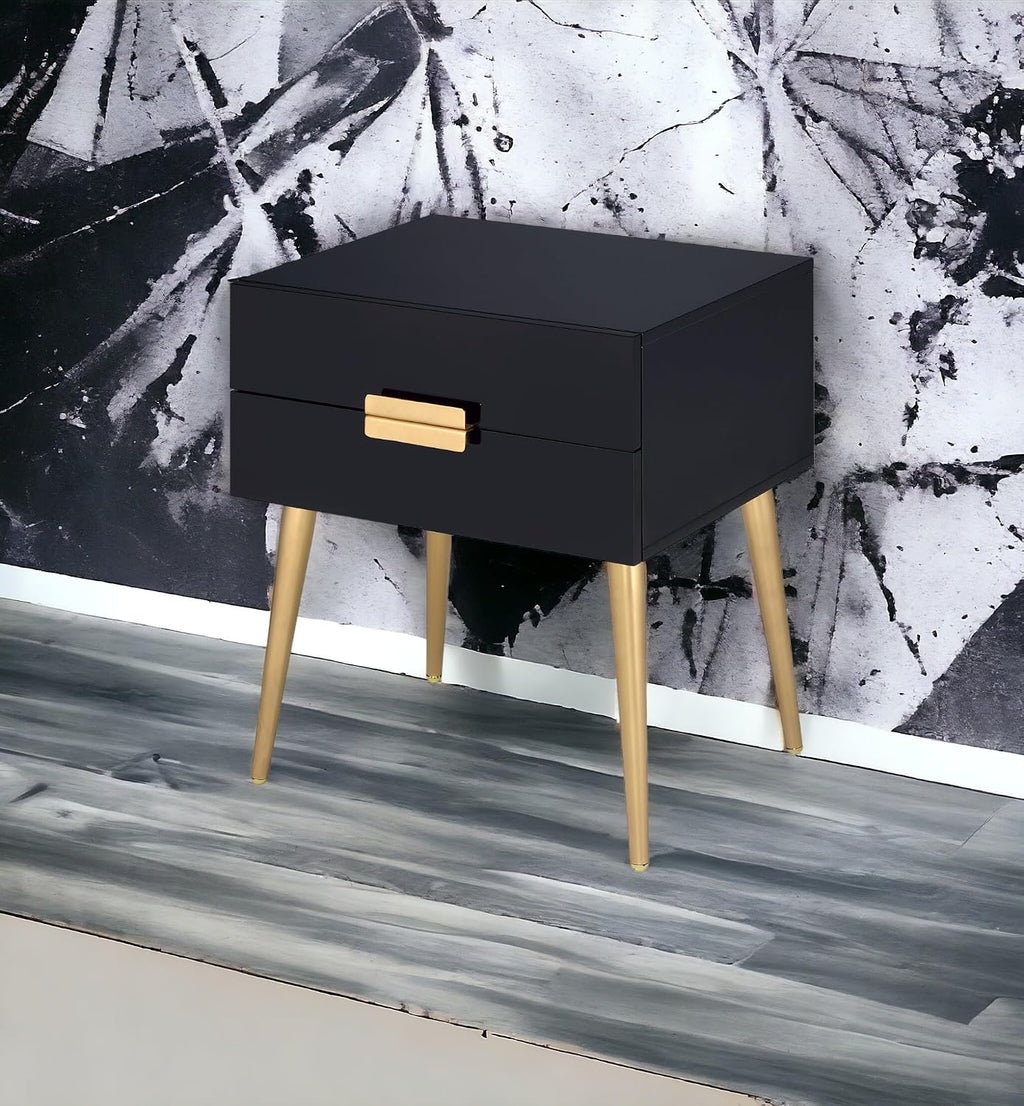 Penau Black and Gold End Table, Rectangular High Gloss Engineered Wood Top, Metal Tapered Gold Legs, 2 Drawers Storage Nightstand, 16.00 x 20.00 x 24.00 Inchs