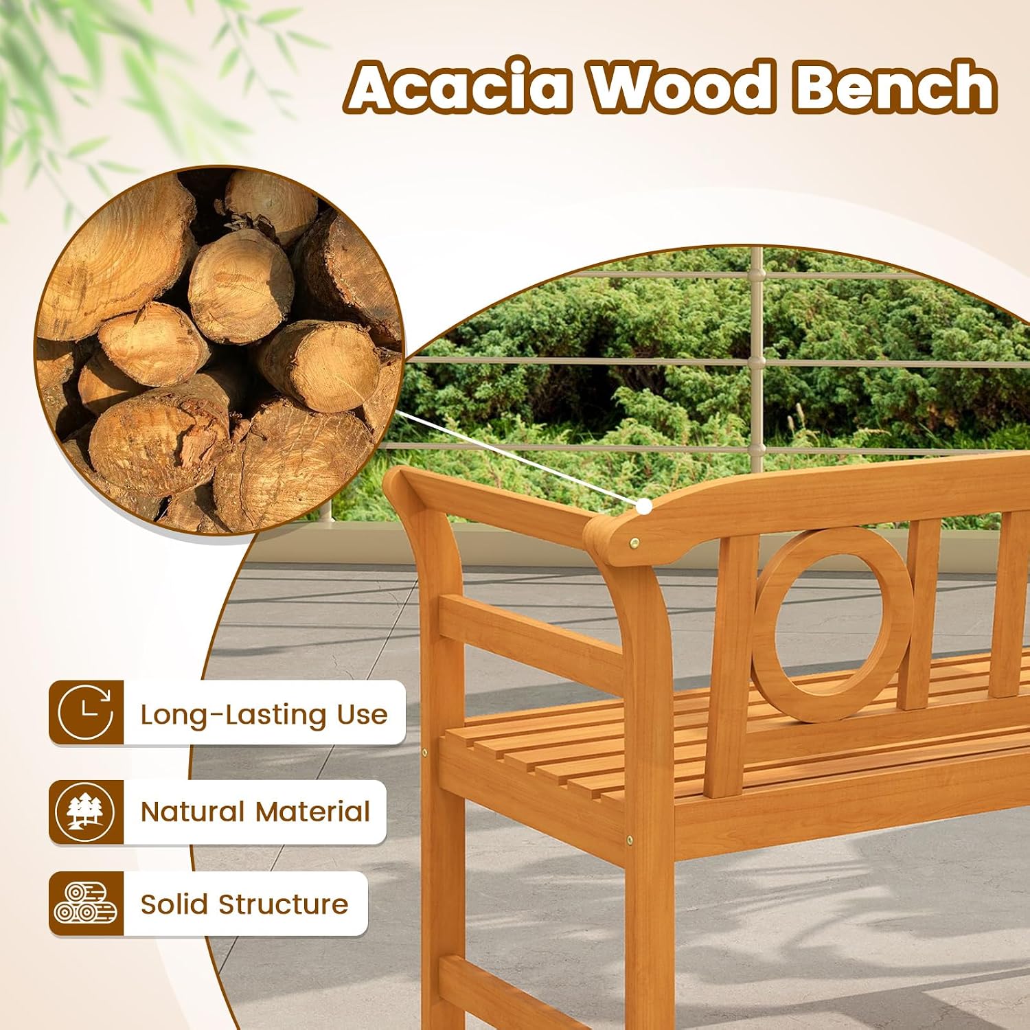 Tangkula Acacia Wood Outdoor Bench with Backrest, 2-Person Patio Wood Bench with Curved Armrests, Slatted Seat, Garden Bench Loveseat for Park, Yard, Lawn, Patio, 800 LBS Max Load