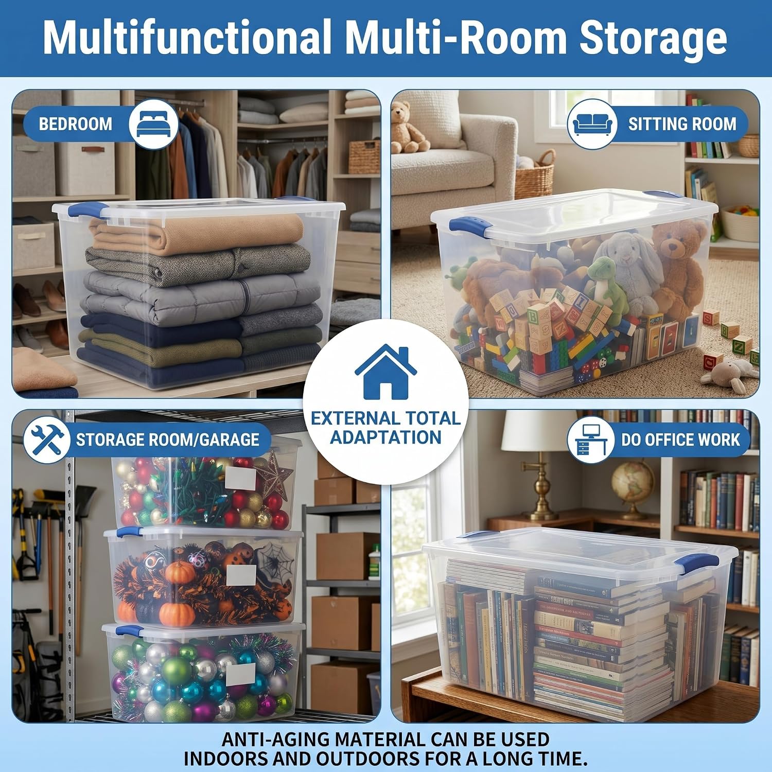 66 Quart Clear Plastic Storage Bins with Latching Lids, Large Stackable Container Boxes for Home, Closet, and Garage Organization, Blue Latch