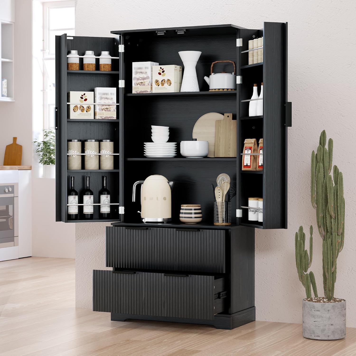 72" H Modern Kitchen Pantry Cabinet with 2 Large Drawers & 8-Door Spice Rack, Freestanding Sideboard Hutch Cabinet for Bathroom, Dining Room, Office, Entryway,Black