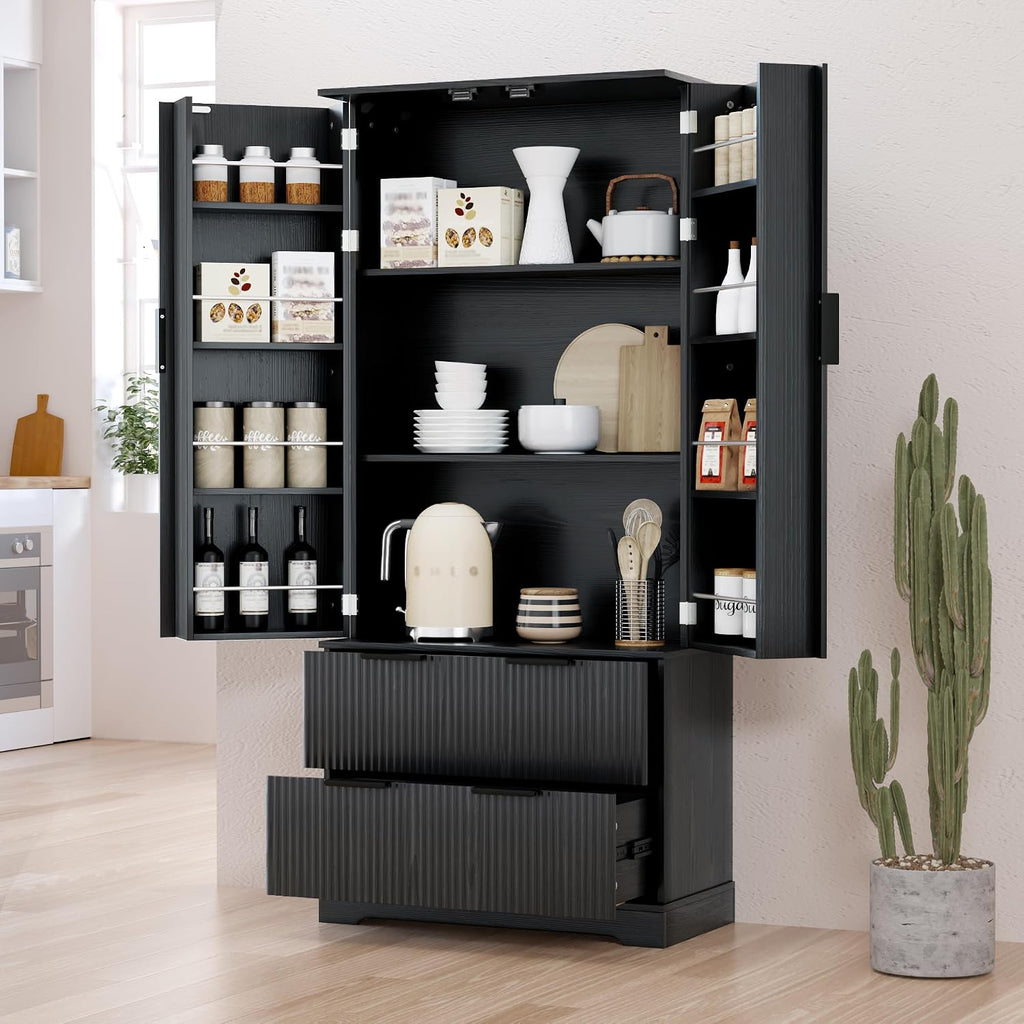 DSHADE 72'' Modern Fluted Kitchen Pantry Cabinet - 2 Drawers & 8-Door Spice Rack, Freestanding Storage Organizer for Bathroom, Dining Room, Office, Entryway, Black, Easy Assembly