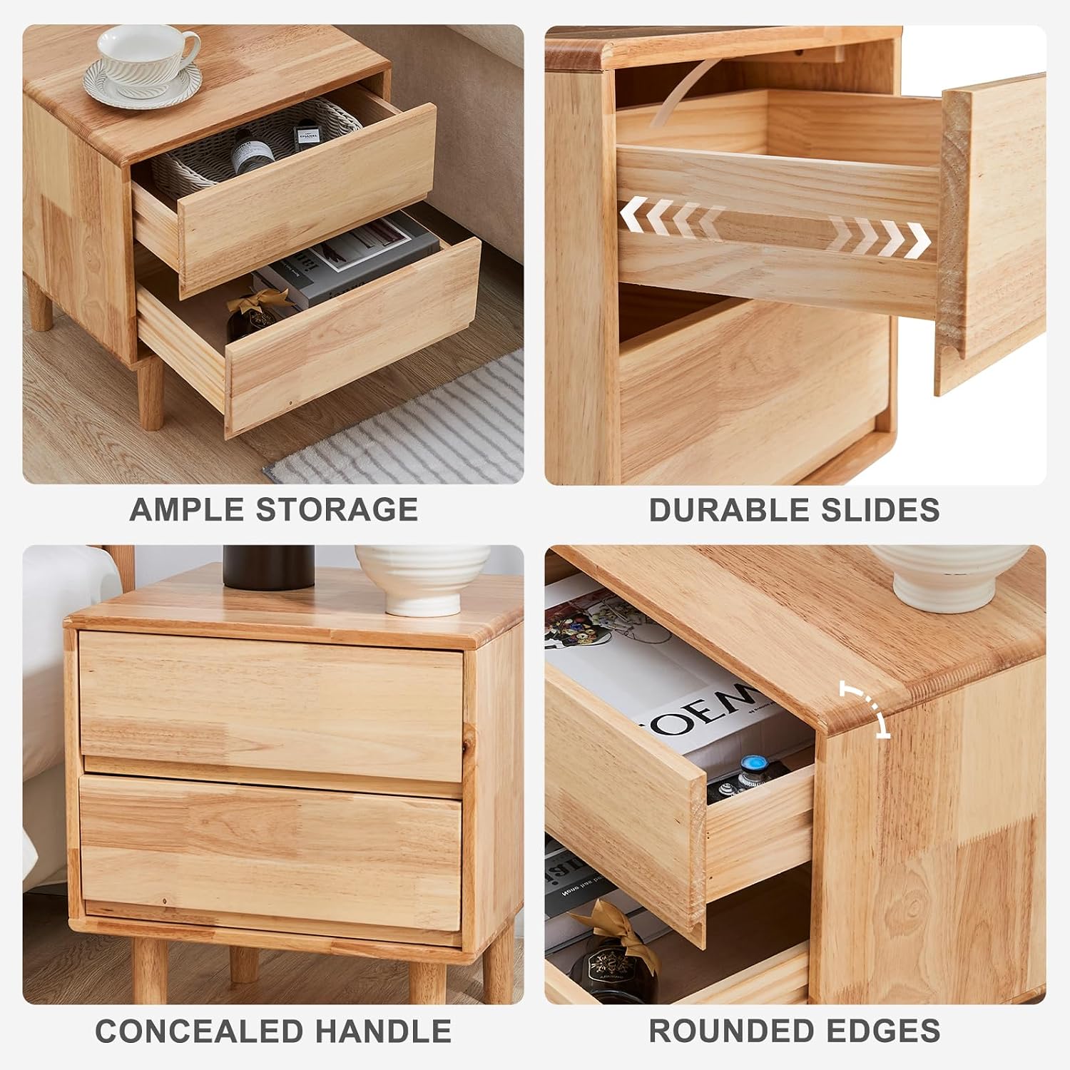 Uniclinens Nightstand with 2 Drawers Storage, 19" Modern Solid Rubberwood Bedside Table for Bedroom, Sofa Side Table End Tables Living Room, Natural
