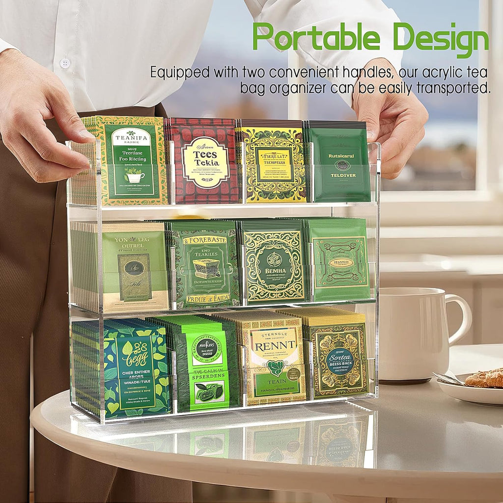 Jumyee 3-Tier Acrylic Tea Bag Organizer Holder, No Assembly Required, Portable Tea Organizers and Storage, Vertical Tea Organizer Counter, Coffee & Tea Station Display Rack for Home Office