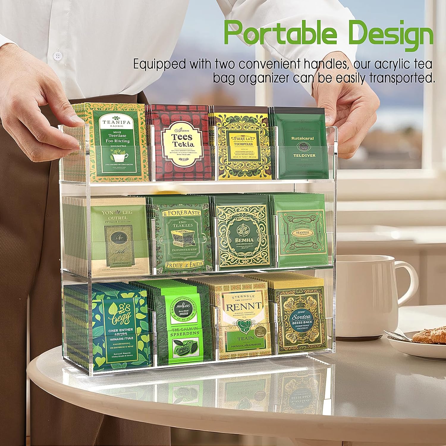 Jumyee 3-Tier Acrylic Tea Bag Organizer Holder, No Assembly Required, Portable Tea Organizers and Storage, Vertical Tea Organizer Counter, Coffee & Tea Station Display Rack for Home Office