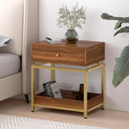 Modern End Table with Drawer and Open Shelf, 2-Tier Nightstand for Living Room,Bedroom or Small Spaces, Sofa Side Table with Metal Frame, Walnut