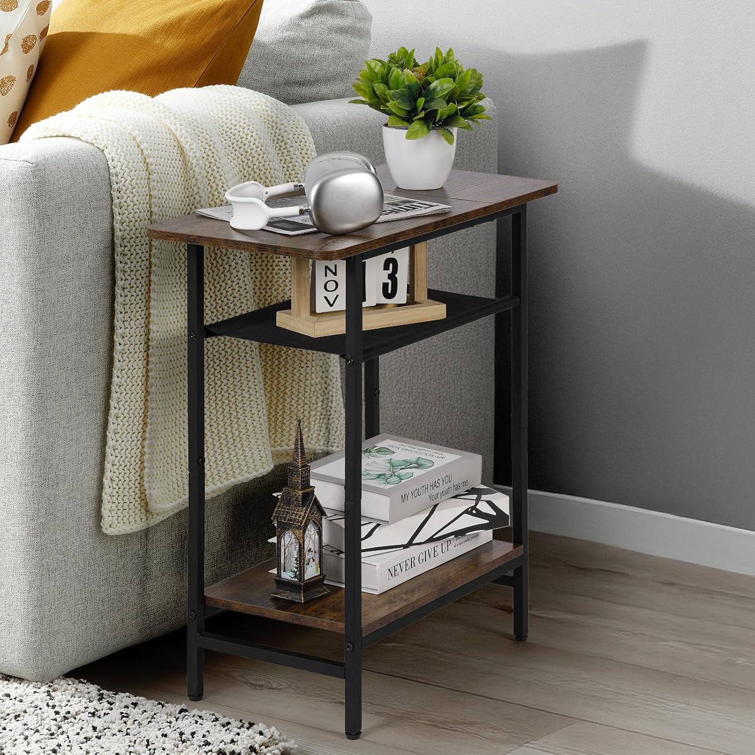 3-Tier Side Table for Living Room, Narrow End Table for Small Spaces with Wide Storage Tabletop,Rustic Brown Slim Couch Side Table Nightstand for Bedroom, Sofa
