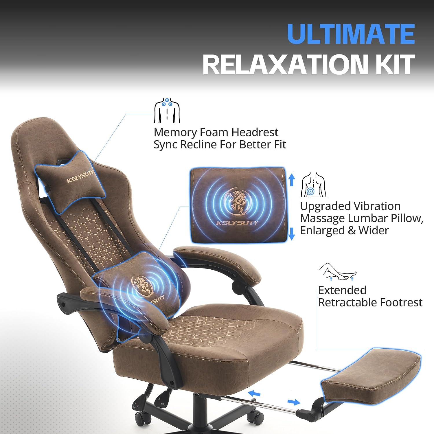 Desk Computer Gaming Chair - Ergonomic Game Office Chair with Extended Footrest and Massage Lumbar Support, Home Gamer Video Game Chairs with Spring Cushion for Adults (Pro Brown Leather)
