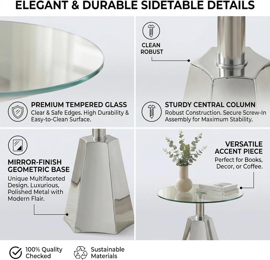 FT Global Round Glass Side Table, 19.7" Clear Tempered Glass Top with Chrome Polished Stainless Steel Base, Tool-Free Assembly Modern Accent