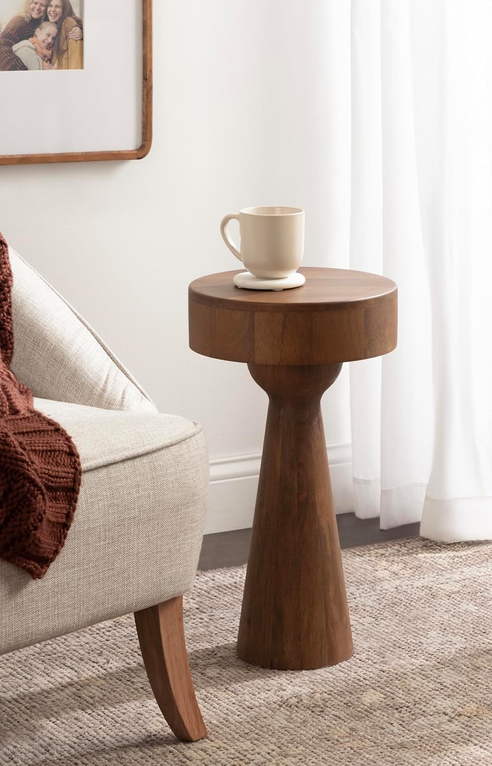 Kate and Laurel Solbrett Transitional Sophisticated Round Side Table, 12 x 12 x 22, Walnut, Sculptural Living Room End Table with Unique Pedestal Table Design for Use as Bedroom Nightstand