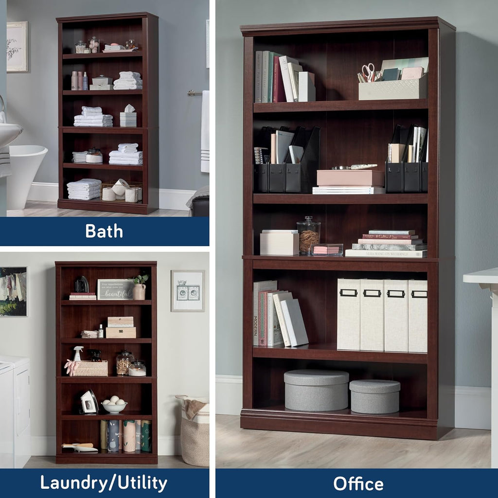 5-Shelf Bookcase with Storage, Classic Cherry Finish Wood Bookshelf for Living Room, Office, or Bedroom
