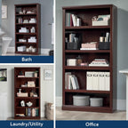 5-Shelf Bookcase with Storage, Classic Cherry Finish Wood Bookshelf for Living Room, Office, or Bedroom