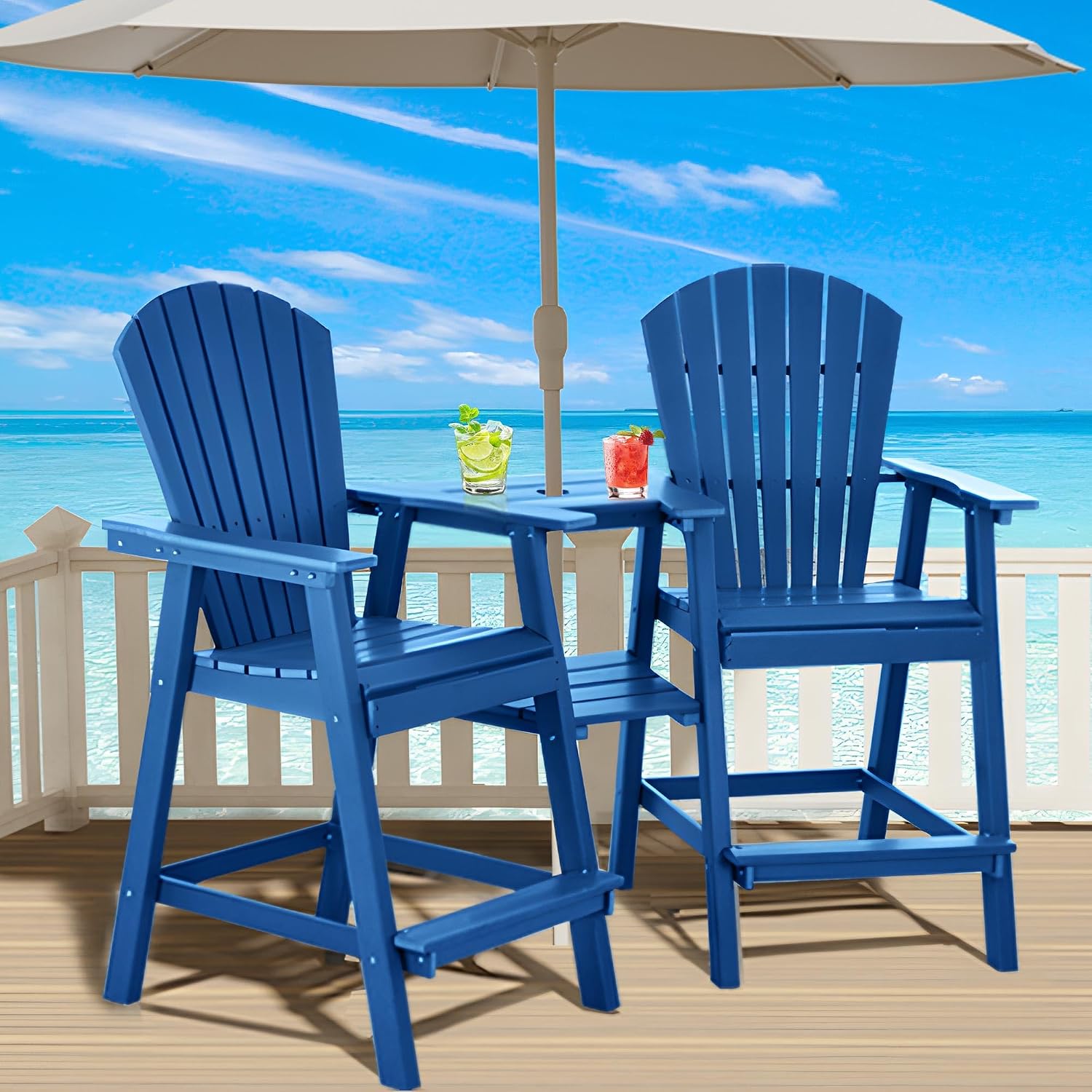 NAVINE Tall Adirondack Chairs Set of 2, HDPE Balcony Chair with Double Connecting Tray, Weather Resistant Outdoor Adirondack Bar Stools for Patio, Deck, Patio, Backyard, Balcony.(Navy Blue)