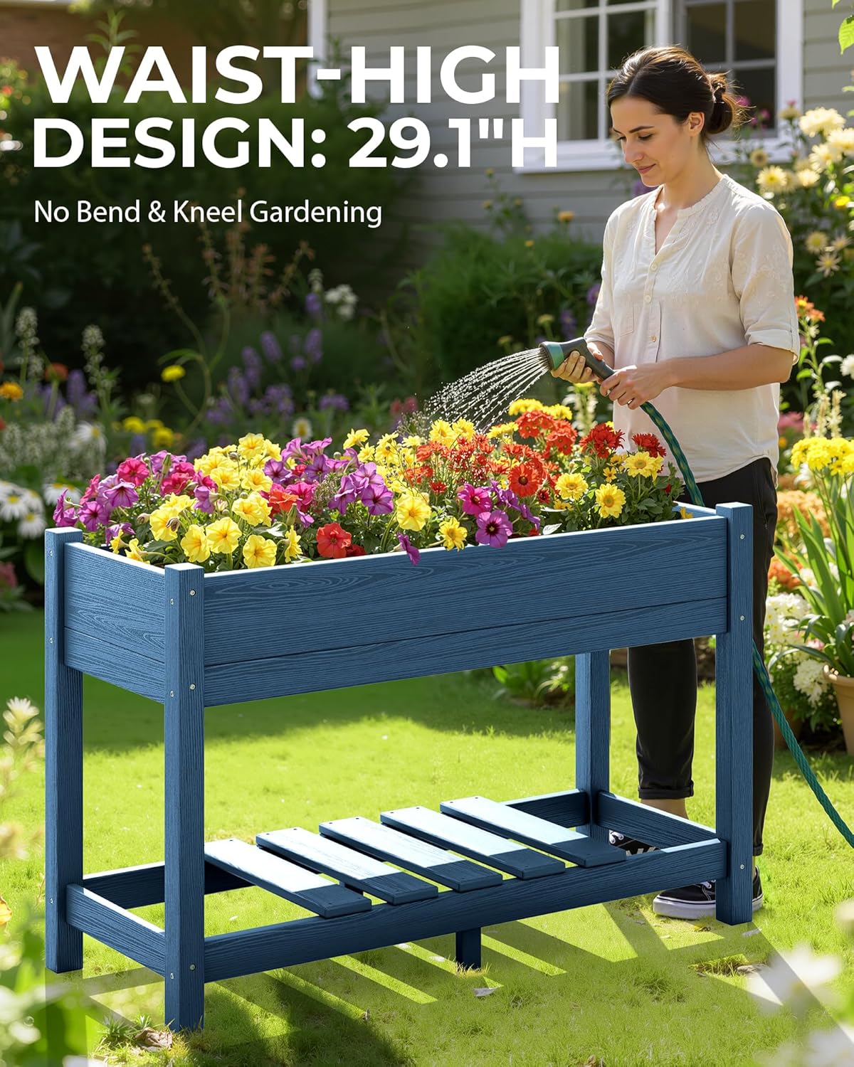 SERWALL Raised Garden Bed with Legs, 43"×17"×30" Large HDPE Elevated Planter Box for Vegetables Flower Herb Patio, All Weather Use- Blue