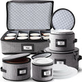 Fine China Storage Containers, 5 Piece Quilted Dish Storage Containers, Mug, Cup, and Plate Dish Organizer with Felt Dividers, Service of 12 Dinnerware Boxes for Moving, Seasonal Organization, Grey