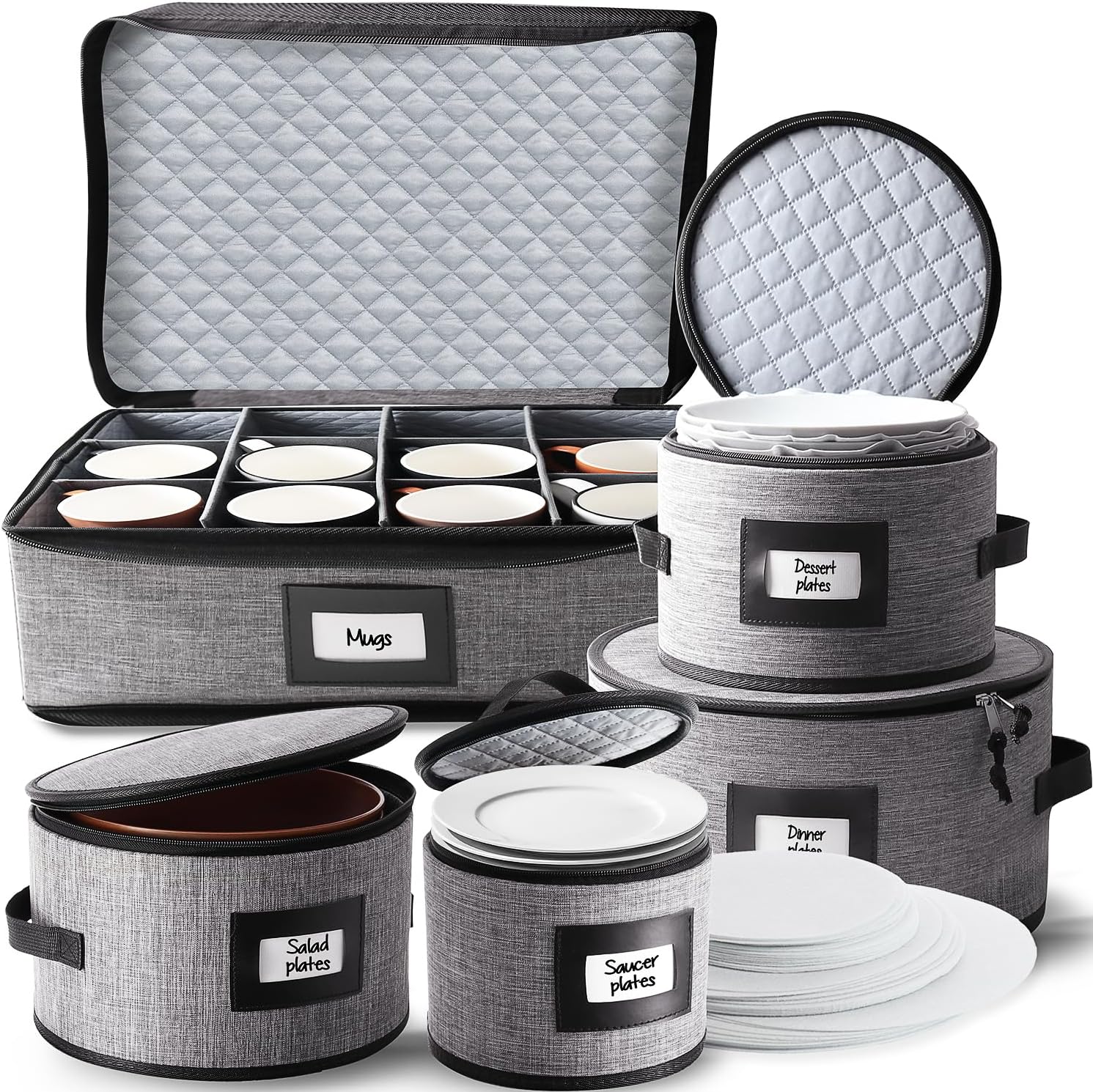 Fine China Storage Containers, 5 Piece Quilted Dish Storage Containers, Mug, Cup, and Plate Dish Organizer with Felt Dividers, Service of 12 Dinnerware Boxes for Moving, Seasonal Organization, Grey