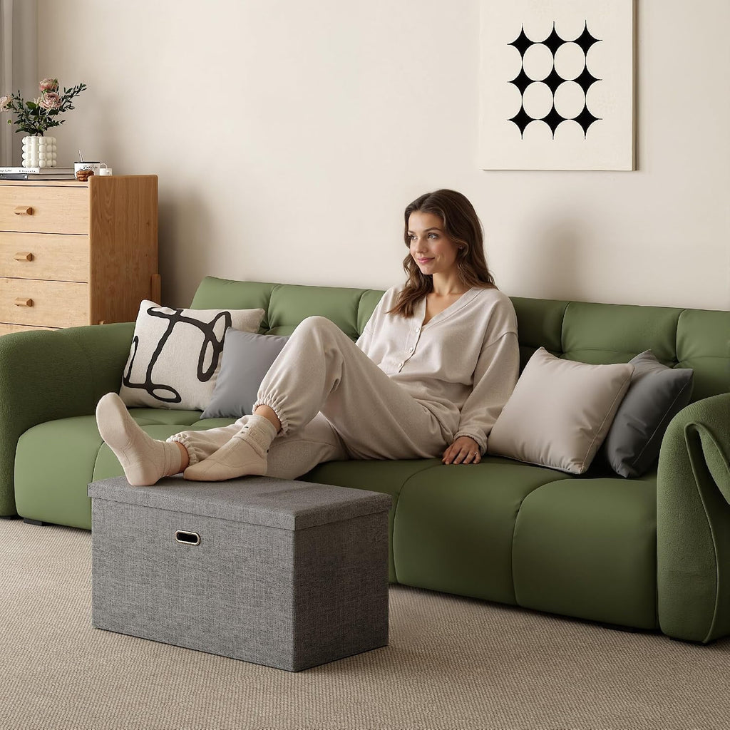 VECELO 30'' Folding Storage Ottoman Bench, End of Bed Linen Fabric Foot Rest Stool with Padded Seat, Large Footstools for Bedroom, Living Room, Load 500 lb, Grey