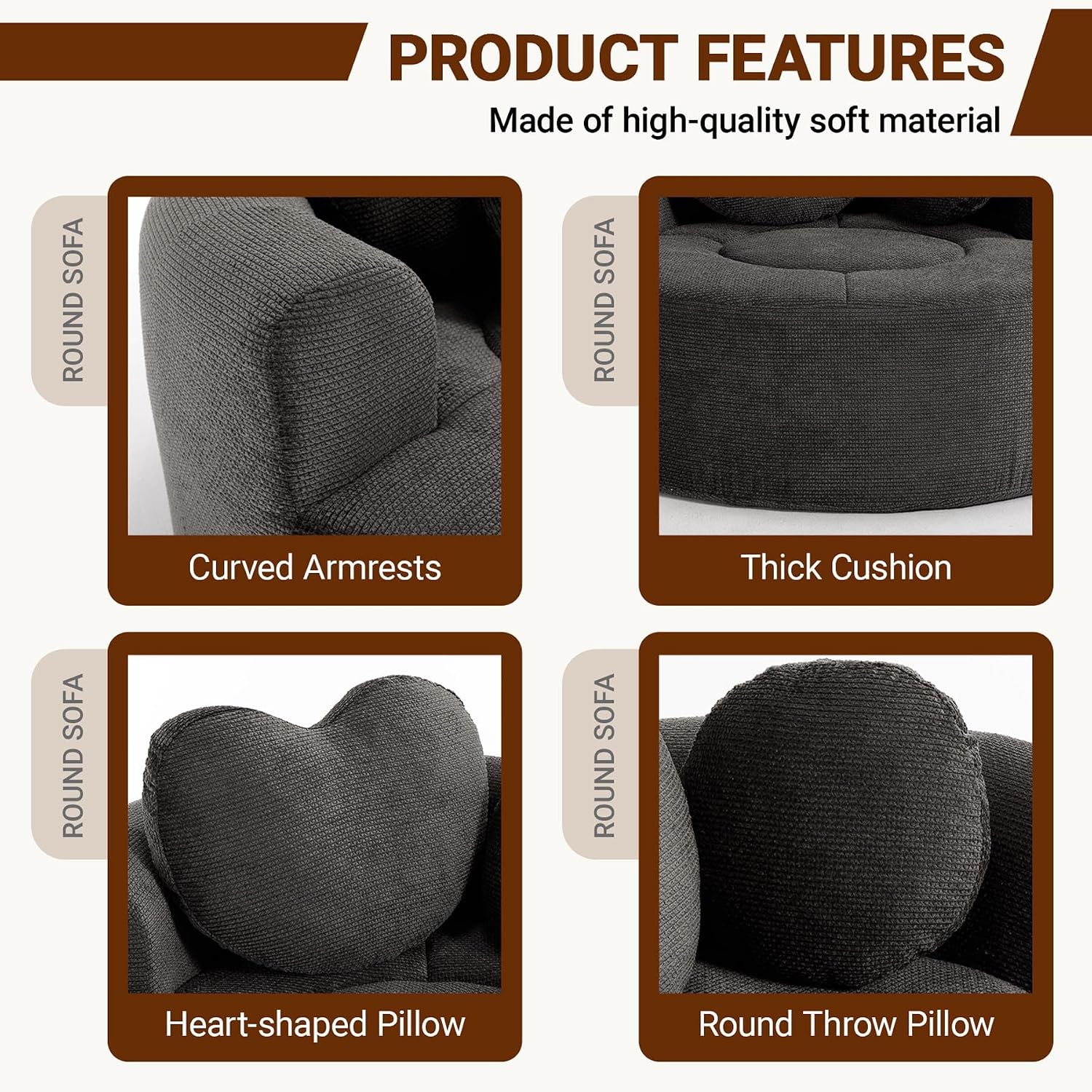 (New) Round Boneless Chair Lounger Indoor, Circle Couch With 2 Pillows for Living Room, Cozy Cuddle Chair In a Box With Curved Armrest And Backrest, Heart Shaped, No Assambly Needed (Gray Black)