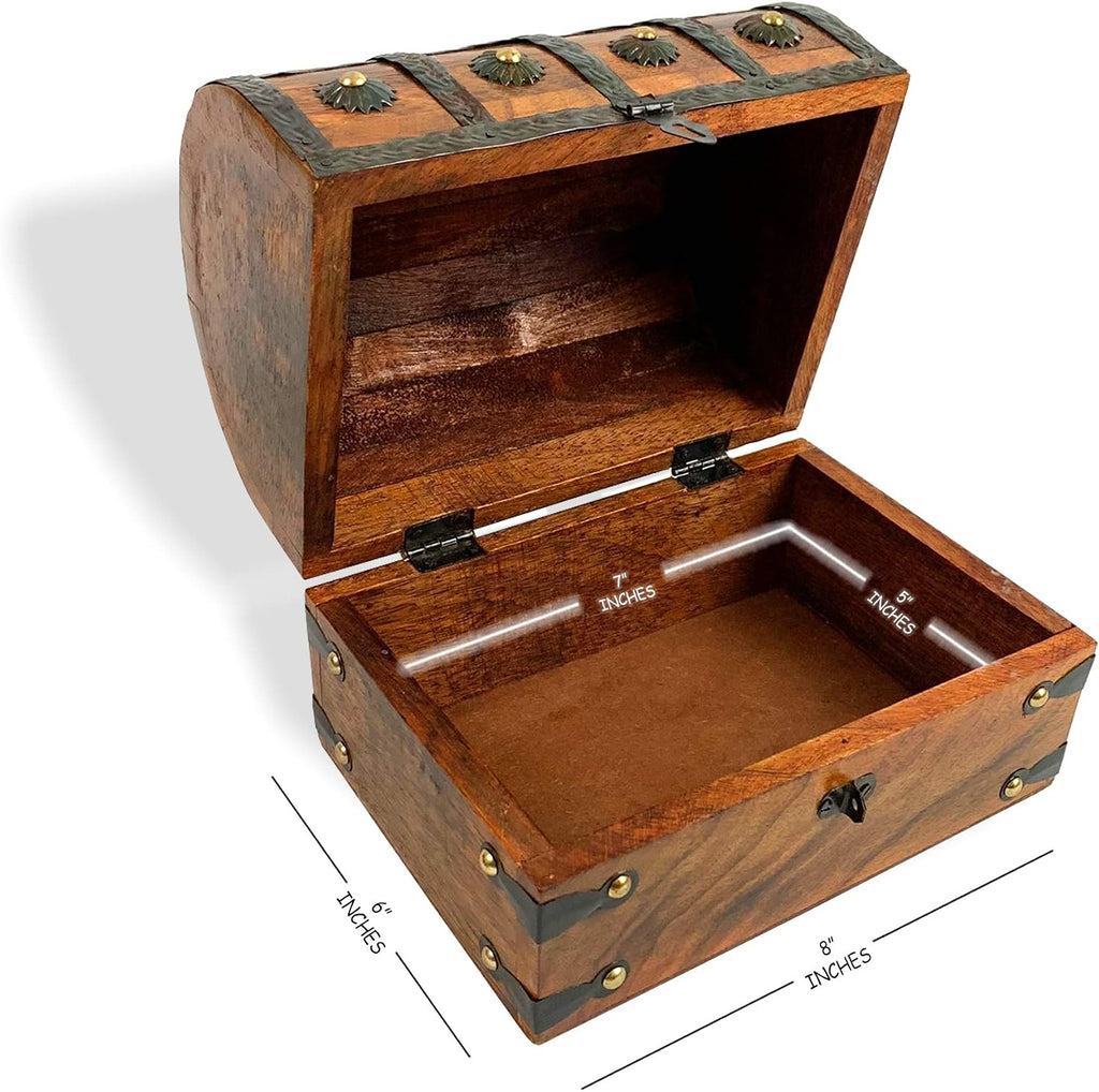 Yonune Birsppy Aeiniwer IOTC Kids Pirate Treasure Chest Made of Solid Wood Medium Antique Storage Decorative Loot Chest Pirate Party, 8" x 6" x 6"