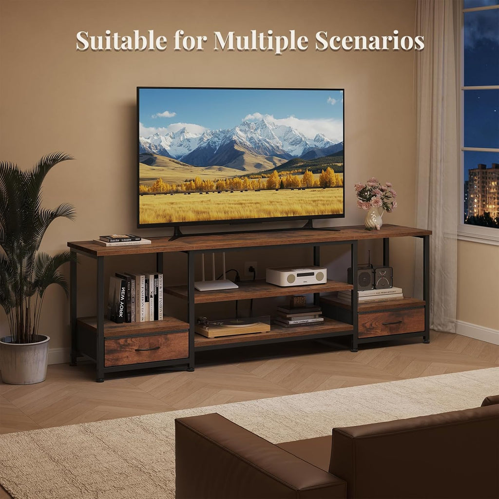 TV Stand for Living Room, Entertainment Center for TVs Up to 75 Inch, Industrial Media Console Table with Charging Station and Storage Drawers for Bedroom, Open Shelves, Rustic Brown