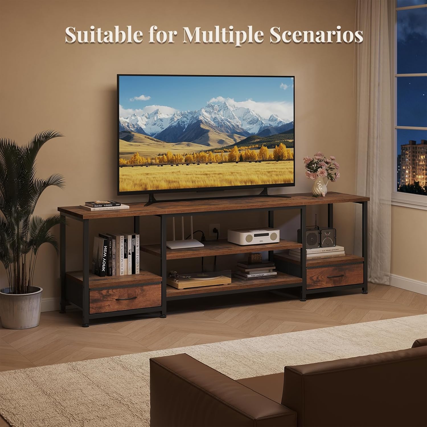 TV Stand for Living Room, Entertainment Center for TVs Up to 75 Inch, Industrial Media Console Table with Charging Station and Storage Drawers for Bedroom, Open Shelves, Rustic Brown