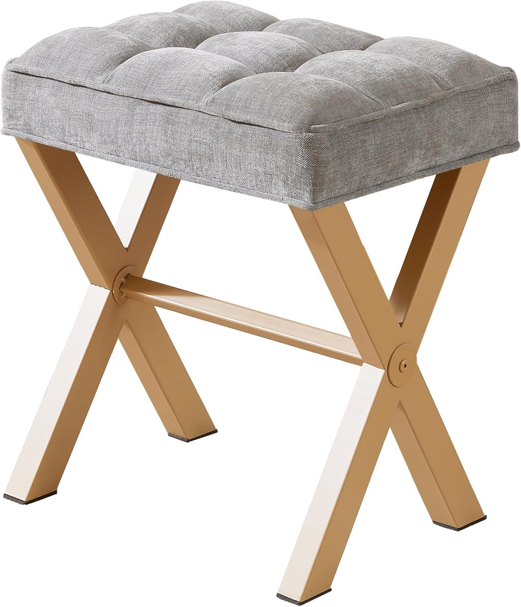 Royal Windsor Vanity Stool,Square Ottoman Stool Foot Rest,Upholstered Vanity Chair Foot Stool with Metal X Legs, Small Vanity seat for Entryway,Bedroom and Living Room,Light Grey+Yellow
