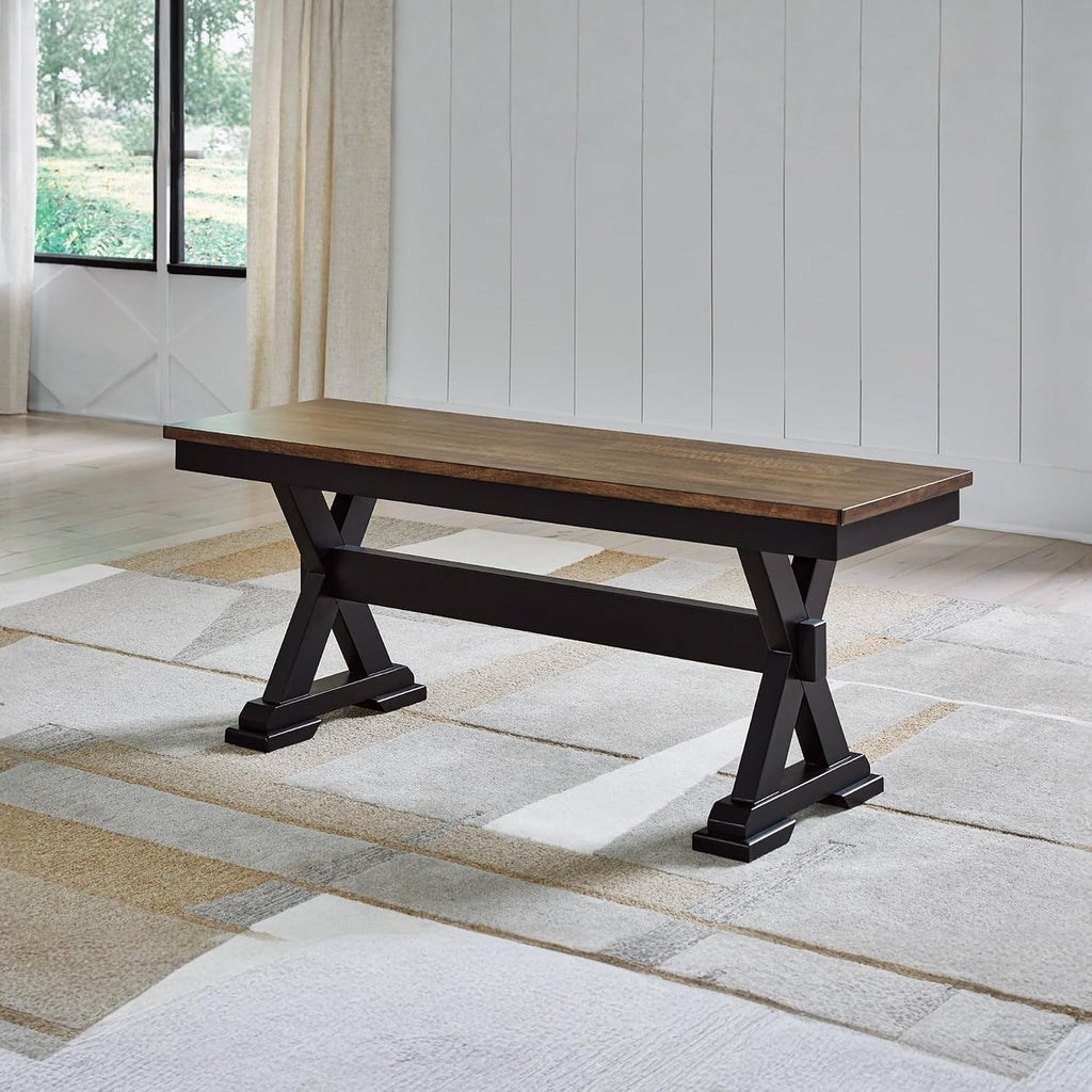 Signature Design by Ashley Wildenauer Dining Bench, 48 Inch Farmhouse Two Tone Wooden Seating with Solid Wood Frame, Mango Veneer and MDF Substrate Seat, Casual Entryway or Kitchen Use, Brown/Black