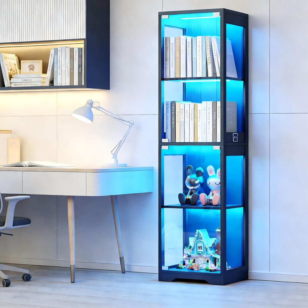 BROTTAR Small Glass Display Cabinet, 4-Tier Curio Cabinets with 3 Color Lights for Collectibles, Storage Cabinet with Door, Glass Display Case & Bookcase with Human Body Sensor, Black