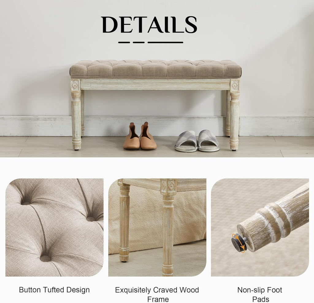 LOULENS French Vintage Bench, Linen Fabric Entryway Bench, Upholstered Tufted End of Bed Bench with Brushed Wood Legs,Light Brown