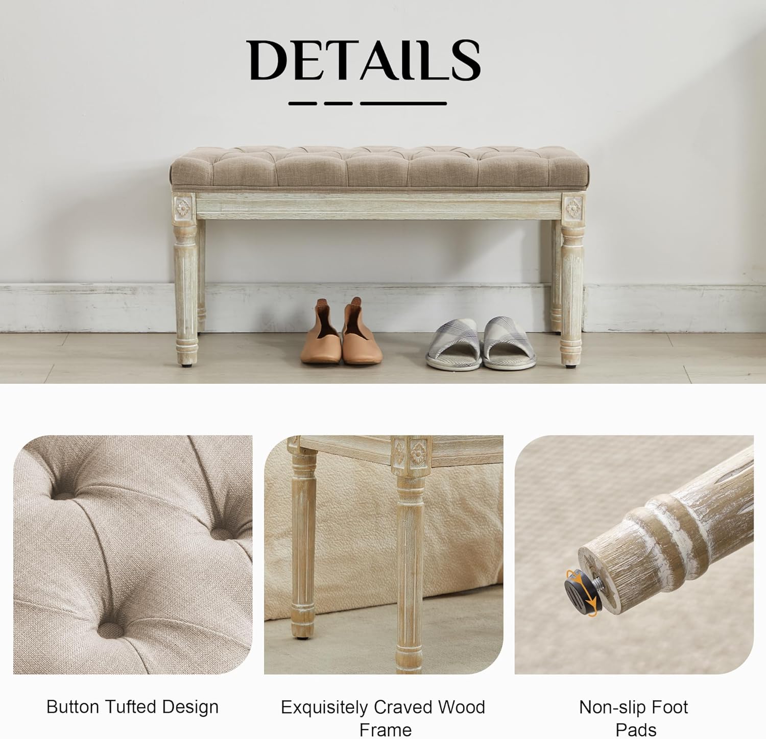LOULENS French Vintage Bench, Linen Fabric Entryway Bench, Upholstered Tufted End of Bed Bench with Brushed Wood Legs,Light Brown