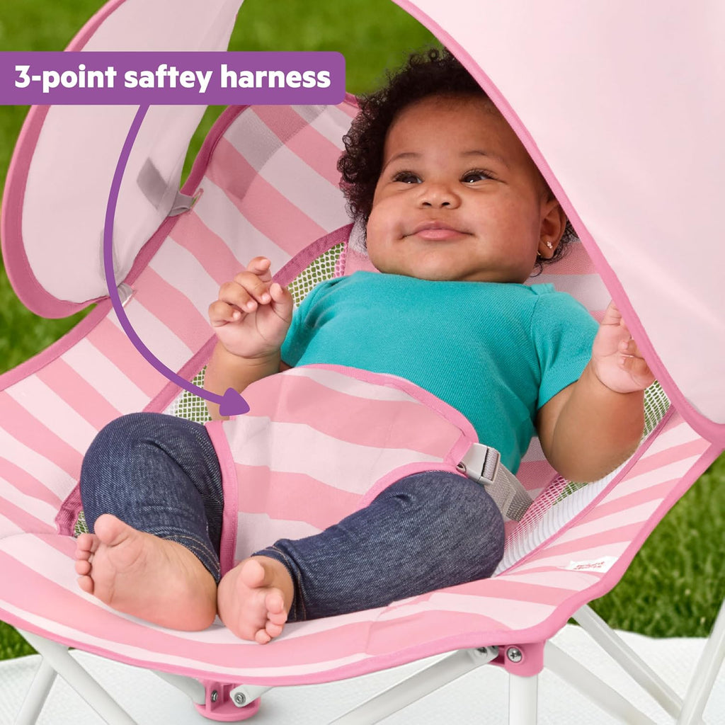 Bright Starts Pop ’N Chill Baby Chair Travel Seat, Indoor/Outdoor Use, Portable Infant Seat with Removable UPF 50+ Canopy, Pink, 0-6 Months