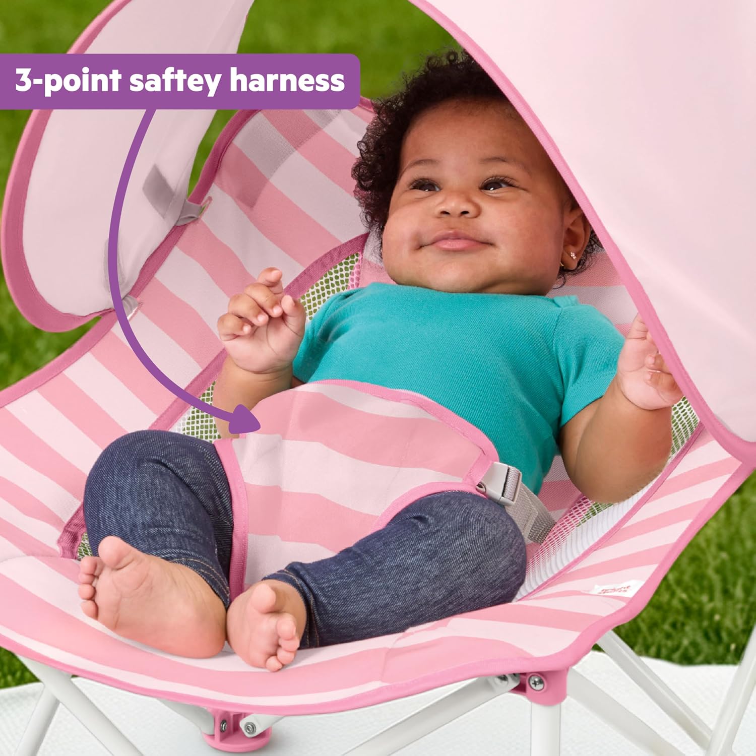 Bright Starts Pop ’N Chill Baby Chair Travel Seat, Indoor/Outdoor Use, Portable Infant Seat with Removable UPF 50+ Canopy, Pink, 0-6 Months