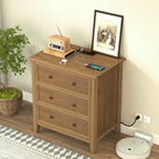 IKENO Solid Wood Nightstand Set of 2，Bed Side Table with Charging Station, Farmhouse Night Stand with 3 Storage Drawers for Bedroom, 27.6" W x 16.8" D x 26.8" H, Teak