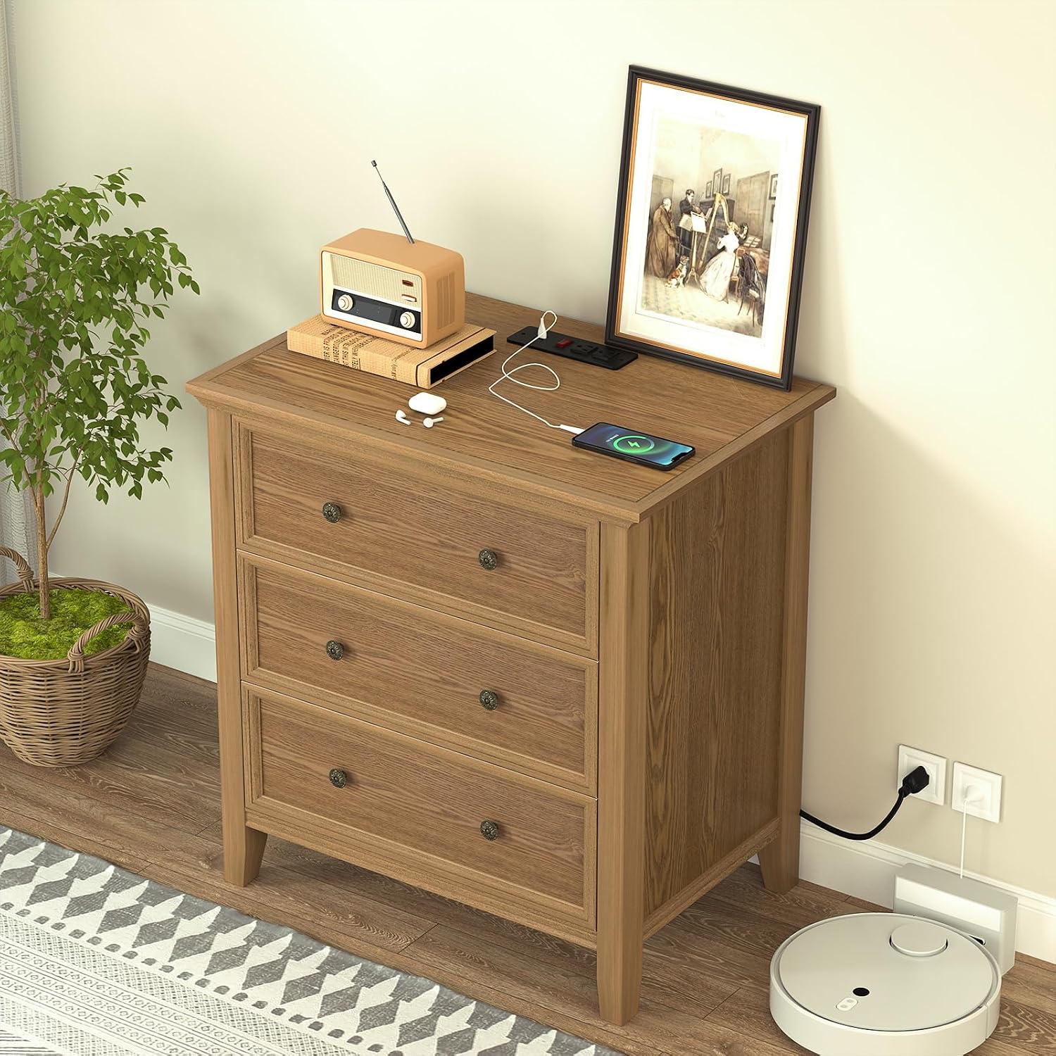 IKENO Solid Wood Nightstand Set of 2，Bed Side Table with Charging Station, Farmhouse Night Stand with 3 Storage Drawers for Bedroom, 27.6" W x 16.8" D x 26.8" H, Teak