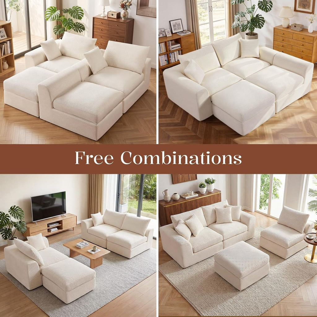 Benazcap 110" Cloud Sectional Couches for Living Room, L-Shaped Convertible Sofa, 3-Seat Modular Boneless Couch with Movable Ottoman, Beige