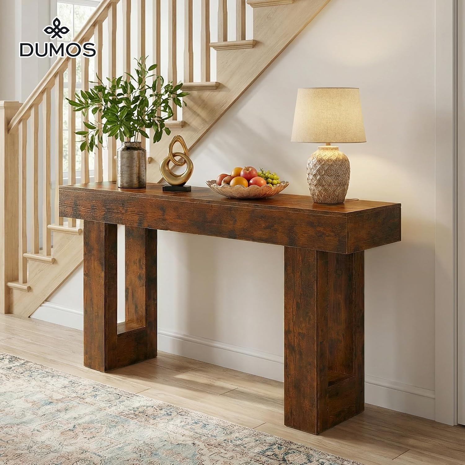 DUMOS 63 Inches Console Farmhouse Table for Entryway, Long Console Table Behind Couch, Solid Wood Narrow Entryway Table for Hallway, Living Room, Foyer, Entrance, Easy Assembly, Brown