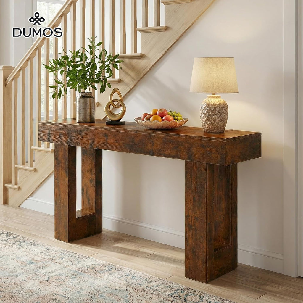 DUMOS 63 Inches Console Farmhouse Table for Entryway, Long Console Table Behind Couch, Solid Wood Narrow Entryway Table for Hallway, Living Room, Foyer, Entrance, Easy Assembly, Rustic Brown