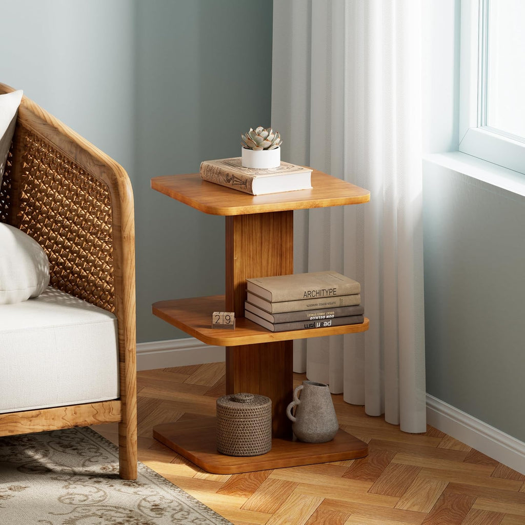 COZAYH Modern Minimalist Wood End Table with 3 Open Shelves, Farmhouse Plant Stand, Small Bookshelf for Living Room, Bedroom