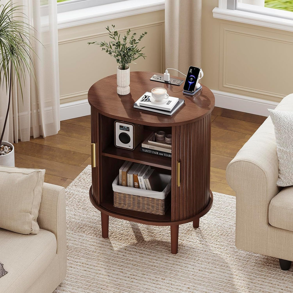 DHH Mid Century Modern Nightstand with Charging Station, Fluted Accent Side Table with Sliding Door & Adjustable Shelf, End Table for Small Space, Living Room, Bedroom,Sofa Couch (1, Walnut)