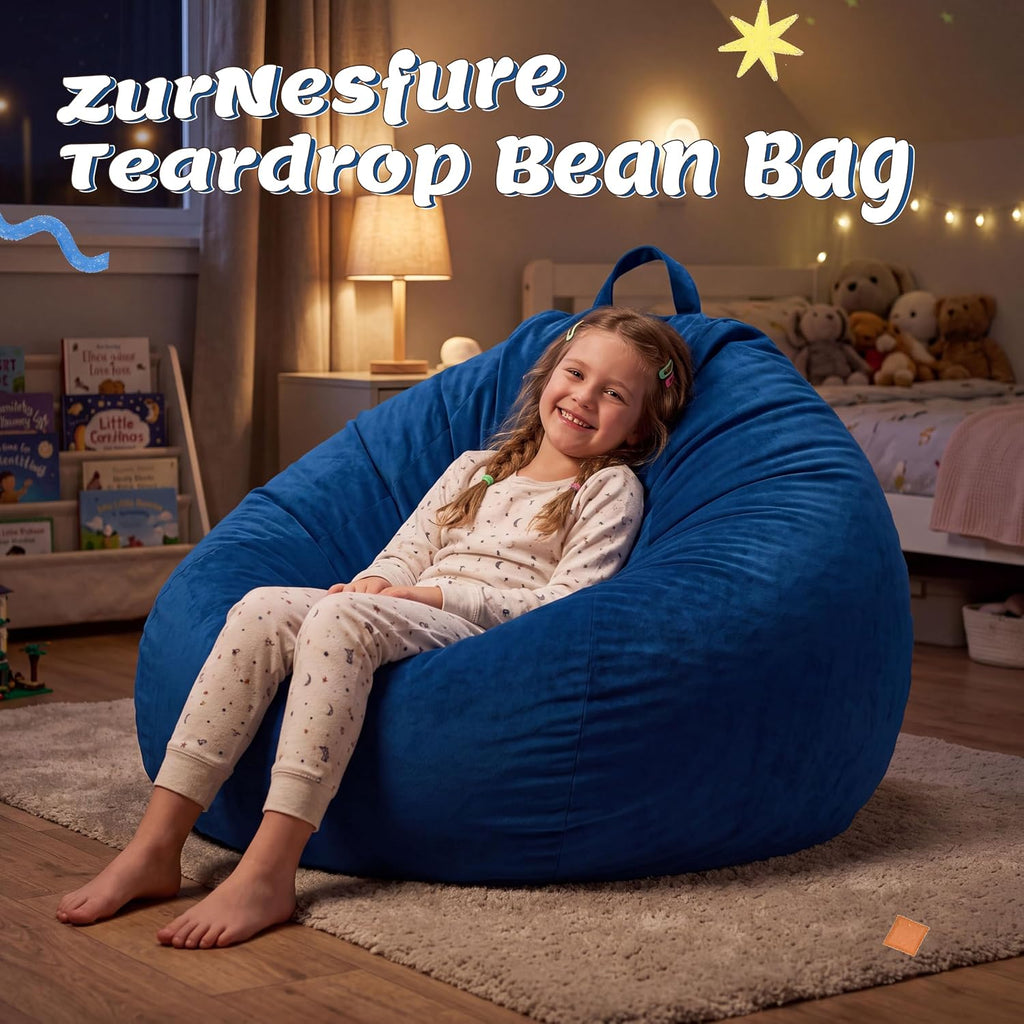 ZurNesfure Bean Bag Chair, Teardrop Large Bean Bag with Filling Blue, 3FT | Bean Bag Chairs for Living Room, Washable Comfy Chair with Handle, Fluffy Bean Bag for Reading Gaming Relaxing