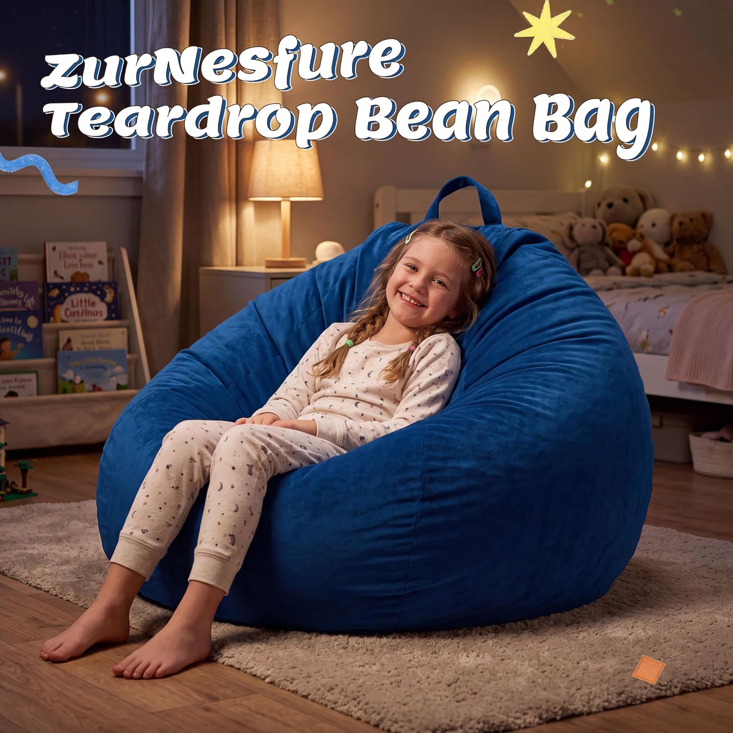ZurNesfure Bean Bag Chair, Teardrop Large Bean Bag with Filling Blue, 3FT | Bean Bag Chairs for Living Room, Washable Comfy Chair with Handle, Fluffy Bean Bag for Reading Gaming Relaxing