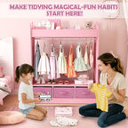 COSVALVE Kids Dress Up Storage with Mirror and Drawers, Kid Armoire Dresser, Pretend Storage Closet for Kids, Costume Wardrobe with Top Shelf for Playroom Bedroom, Lovely Pink