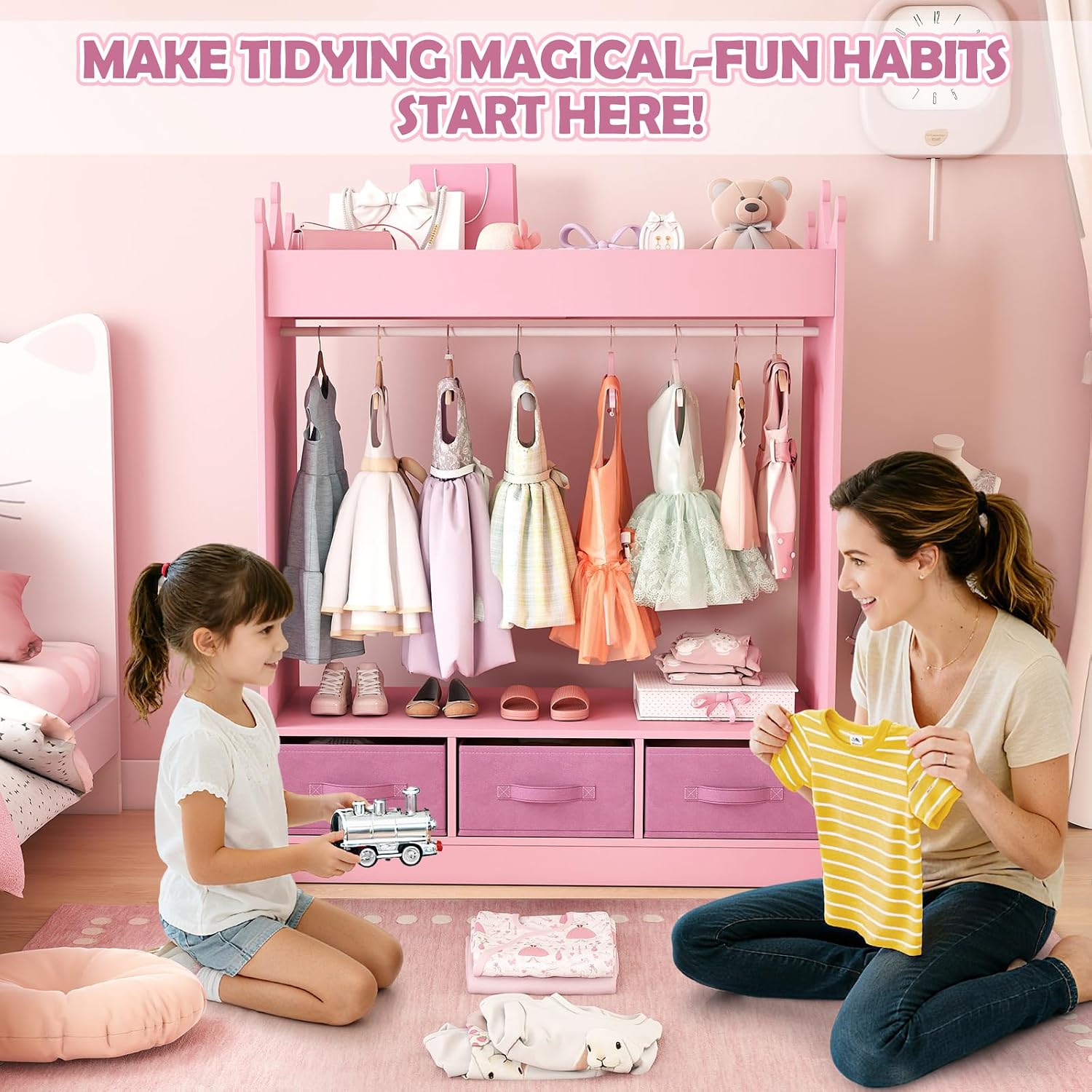 COSVALVE Kids Dress Up Storage with Mirror and Drawers, Kid Armoire Dresser, Pretend Storage Closet for Kids, Costume Wardrobe with Top Shelf for Playroom Bedroom, Lovely Pink
