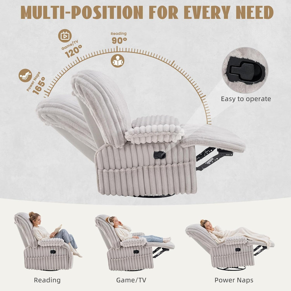 Swivel Rocking Recliner Chair, Comfy Corduroy Nursing Chair | Adjust Armrest, Big and Tall