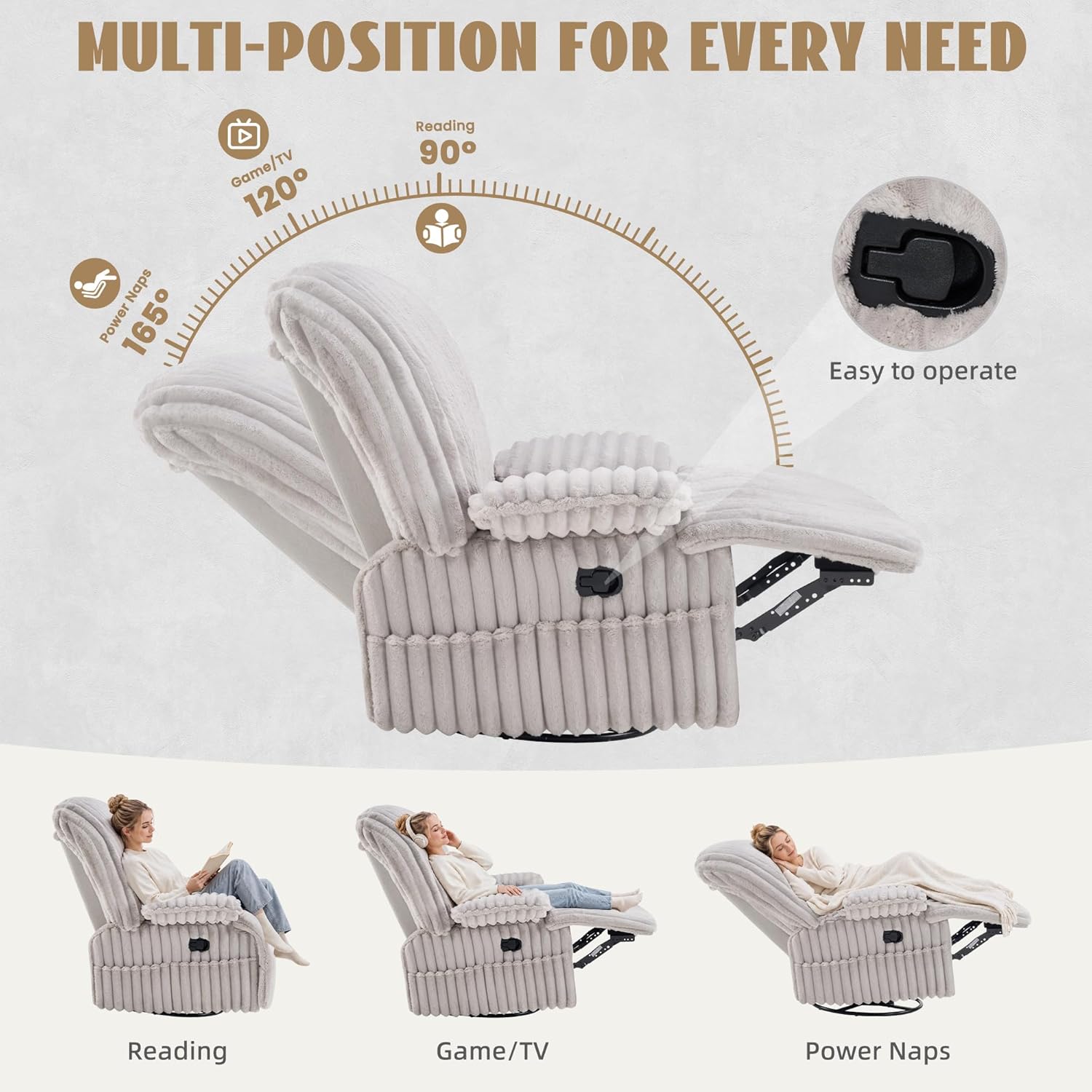 Swivel Rocking Recliner Chair, Comfy Corduroy Nursing Chair | Adjust Armrest, Big and Tall
