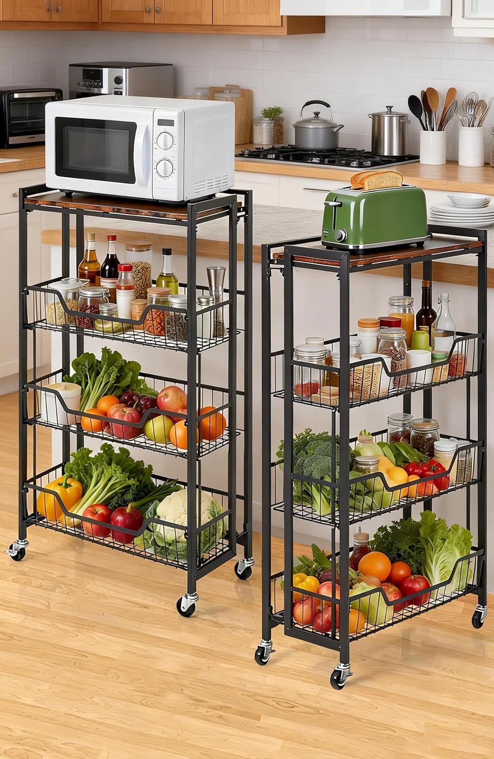 Garvee Large 4-Tier Foldable Storage Cart with Lockable Caster - 100Lbs Loading Capacity, Expandable Kitchen Organizer Storage Island, Heavy Duty Garage Shelving, Easy Foldable No Assembly Required