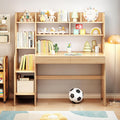 Kids Desk＆Table with Shelves and Drawers Wooden Kids Media Desk Student Learning Computer Workstation and Writing Desk (Natural)