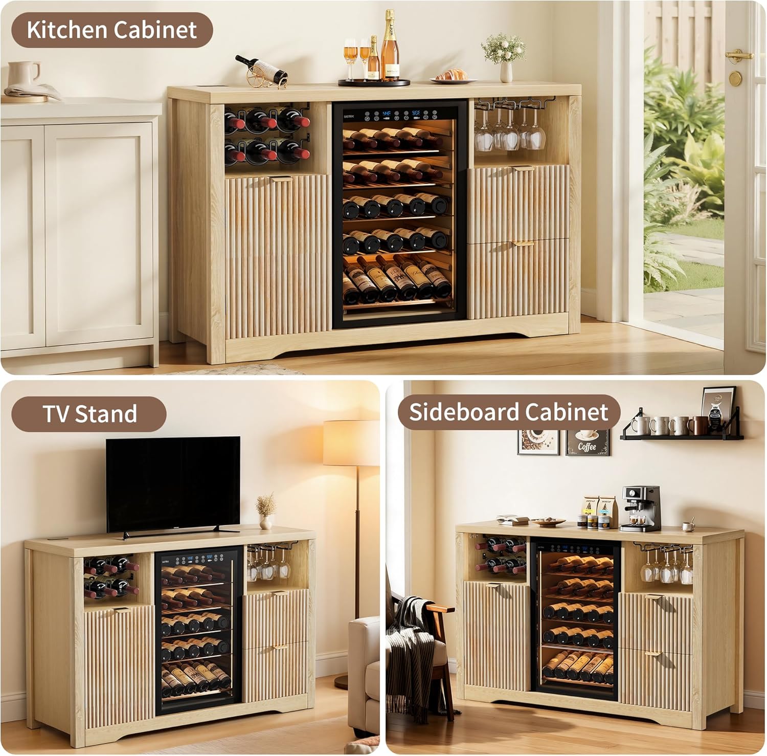 Coffee Bar Cabinet with Fridge Space, 53"L Wine Cabinets with Storage Drawer, Wood Buffet Sideboard Table, Fluted Liquor Cabinet with Wine Rack for Home Living Room,20"D x 53.1"W x 39.4"H-Natural Oak